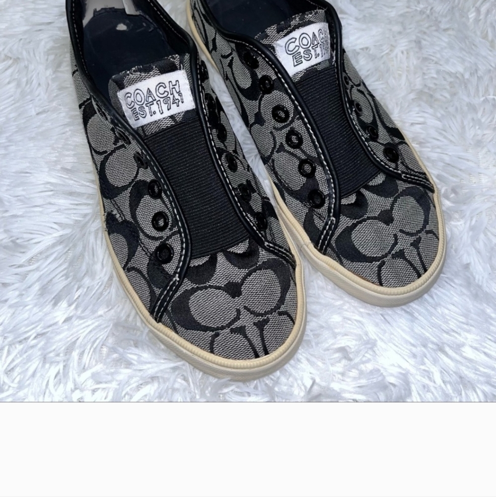 COACH Women’s Designer Signature Laceless Slip On Sneakers 7B Black Grey